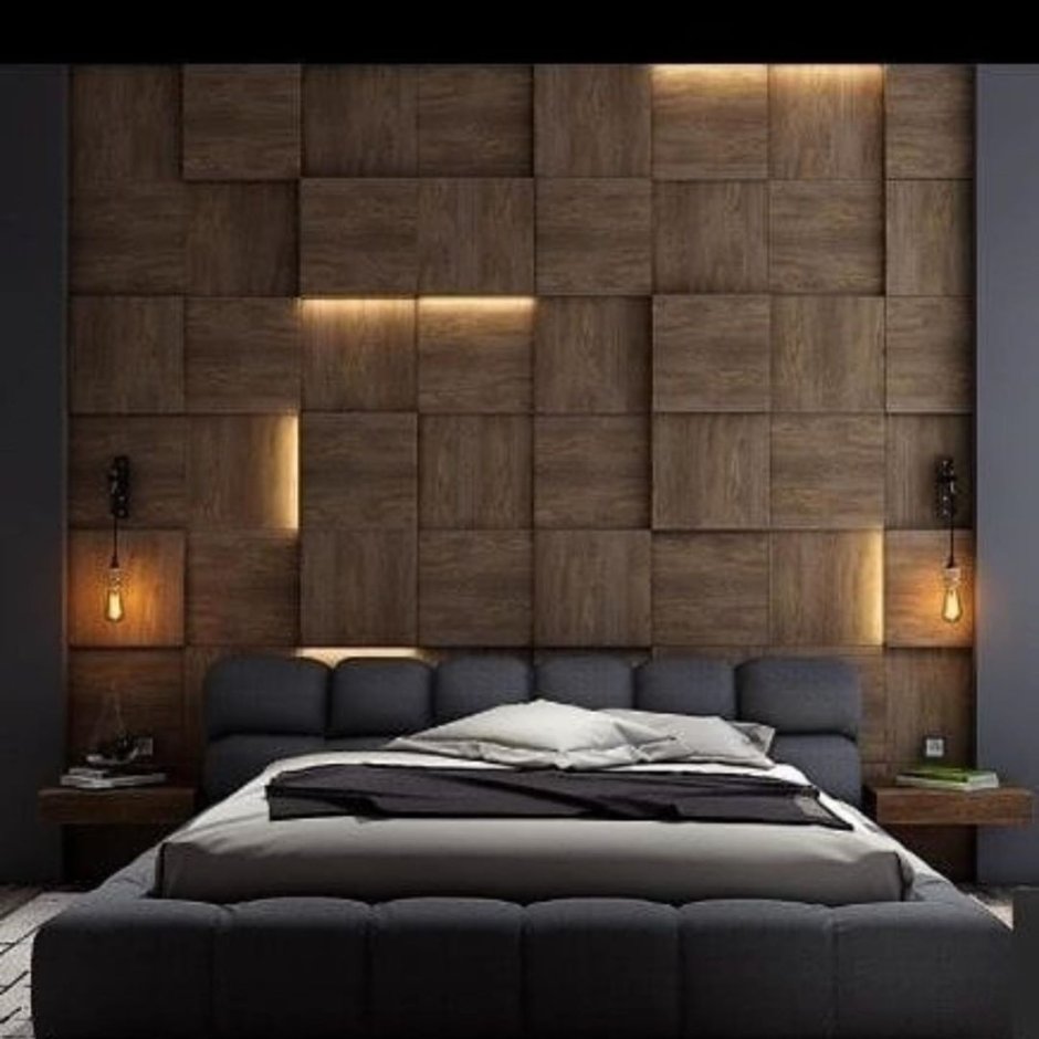 Деревянная мозаика в интерьере спальни