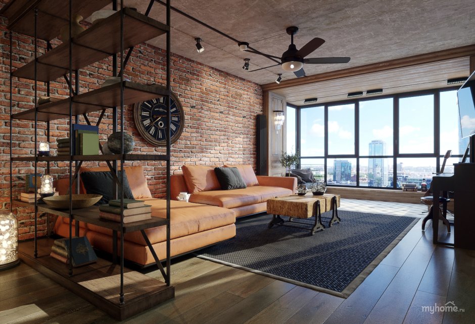 Индустриальный стиль Индастриал интерьер гостиная
