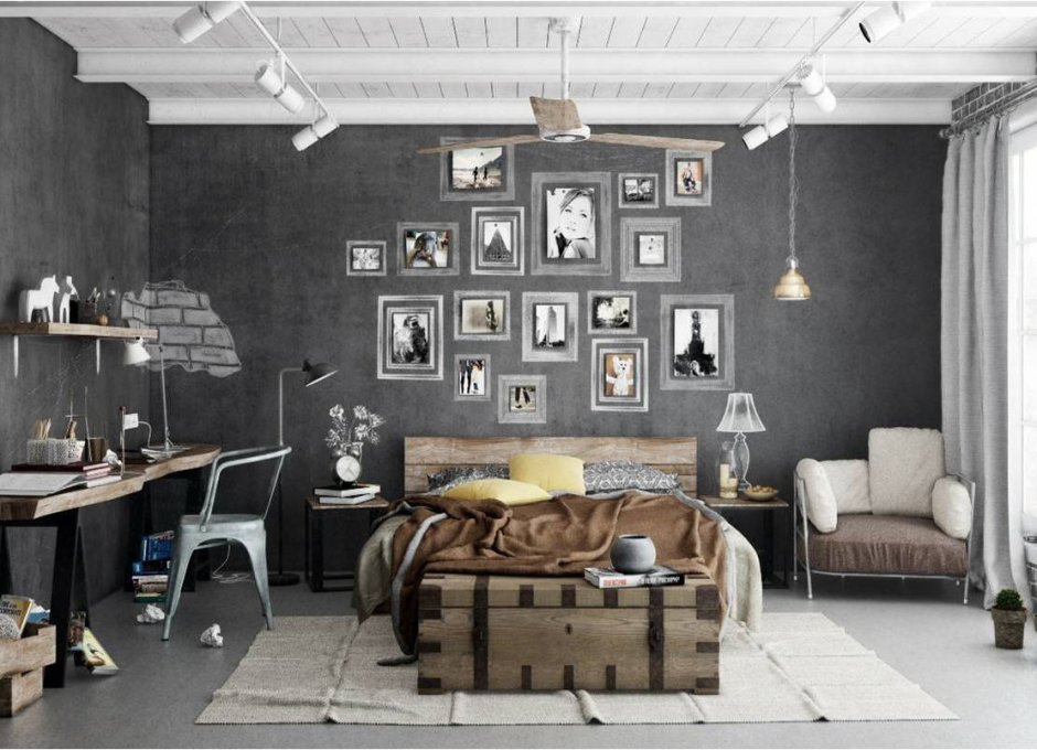 Спальня в стиле лофт индустриально