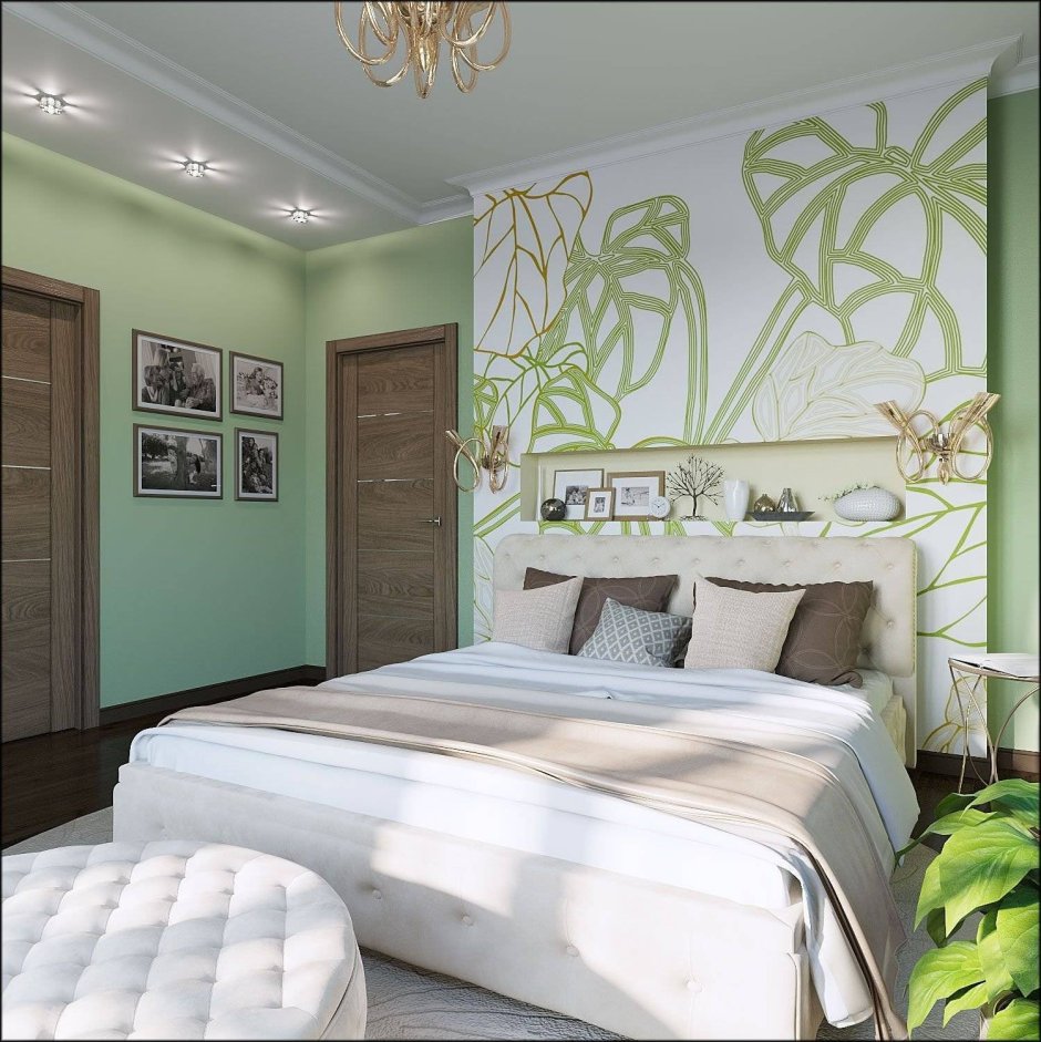Зеленые обои в спальне
