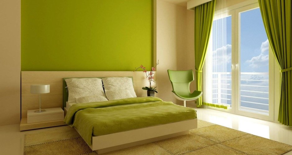 Зеленая кровать в интерье
