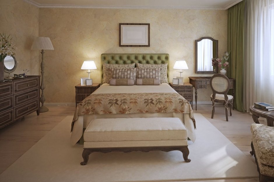 Оливковая спальня в скандинавском стиле