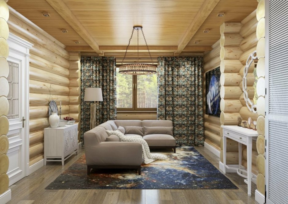 Дизайн гостинной в деревянном доме (65 фото)