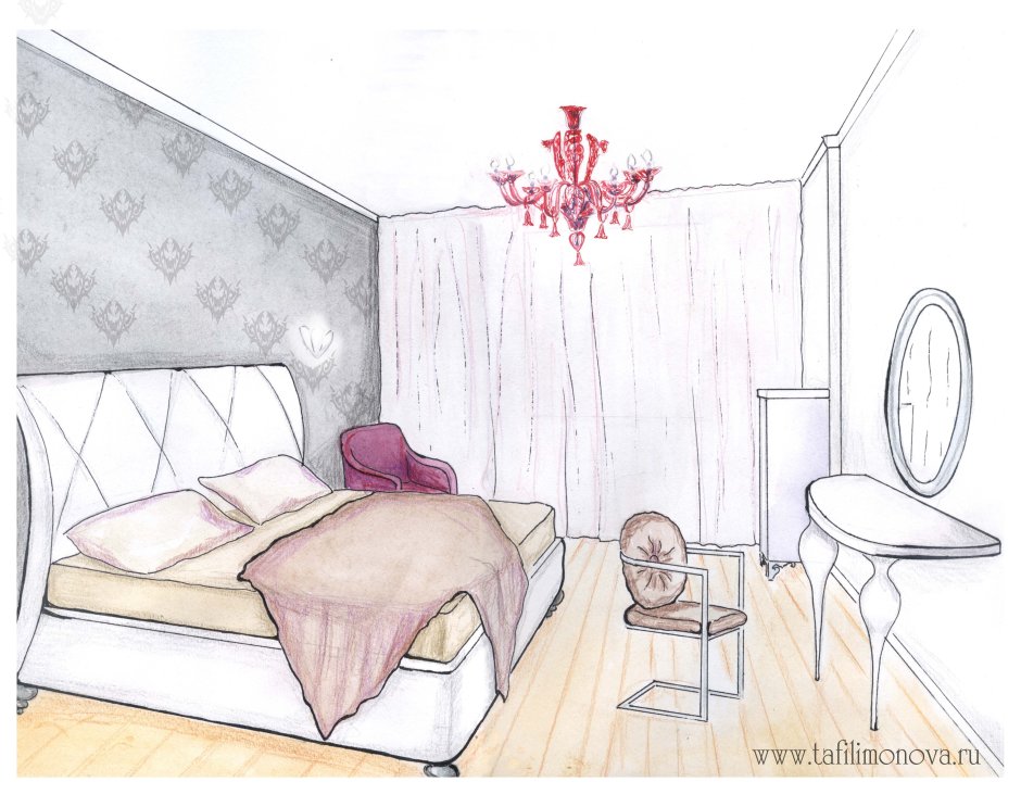 Эскиз интерьера спальни роскошный