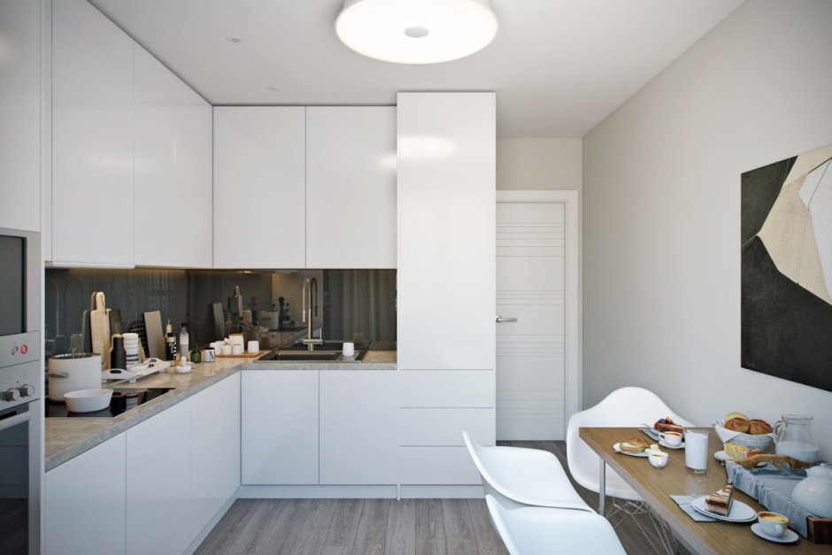 Белая кухня в однокомнатной квартире