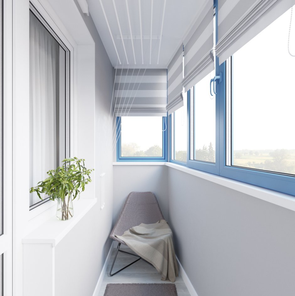Дизайн маленького балкона со шкафом и диванчиком