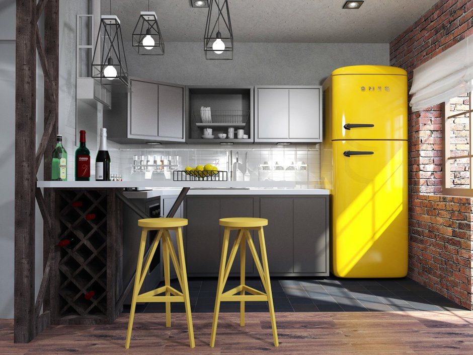 Холодильник Смег в маленькой кухне интерьер