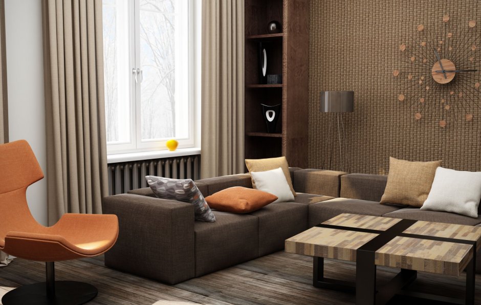 Интерьер комнаты с коричневым диваном