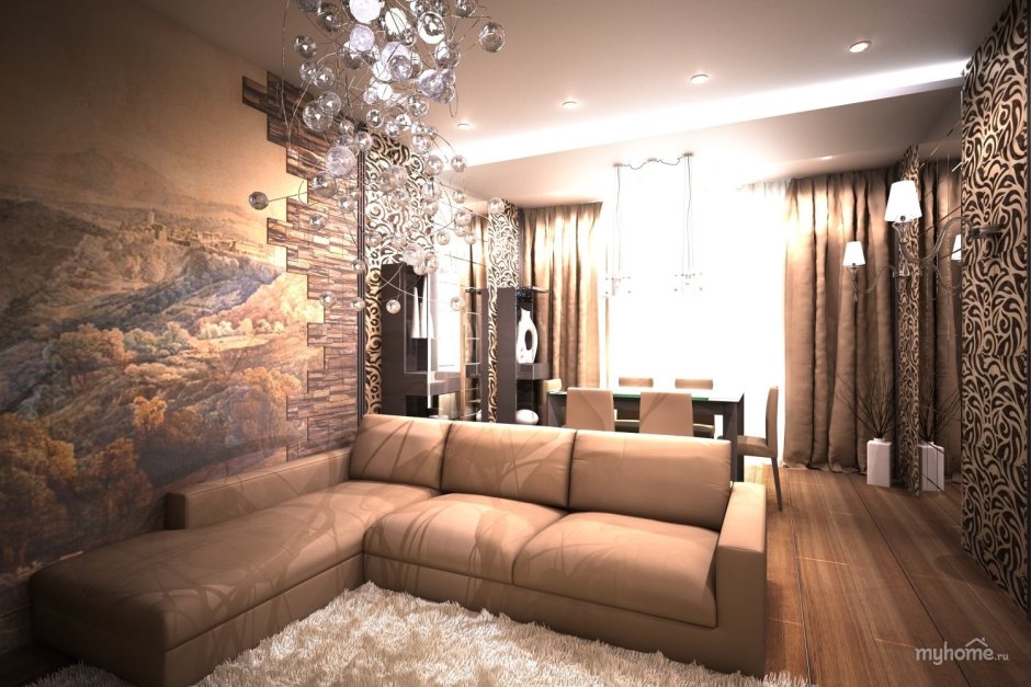 Интерьер зала с коричневым диваном (90 фото)