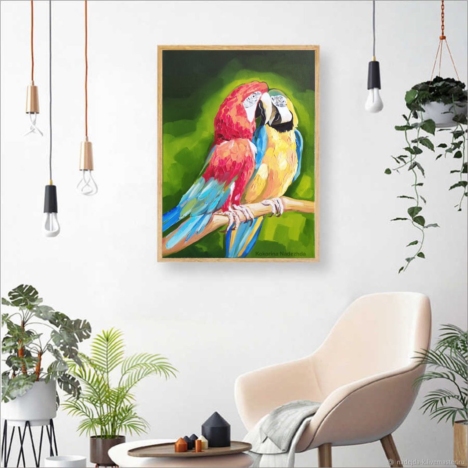 Картины с попугаями в интерьере