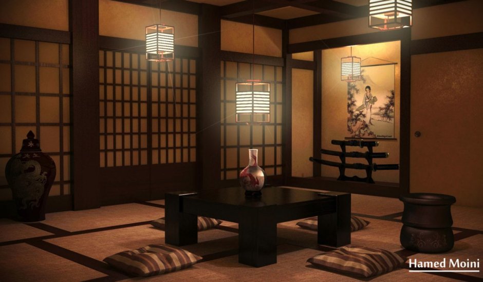 Гостиная в японском стиле с камином