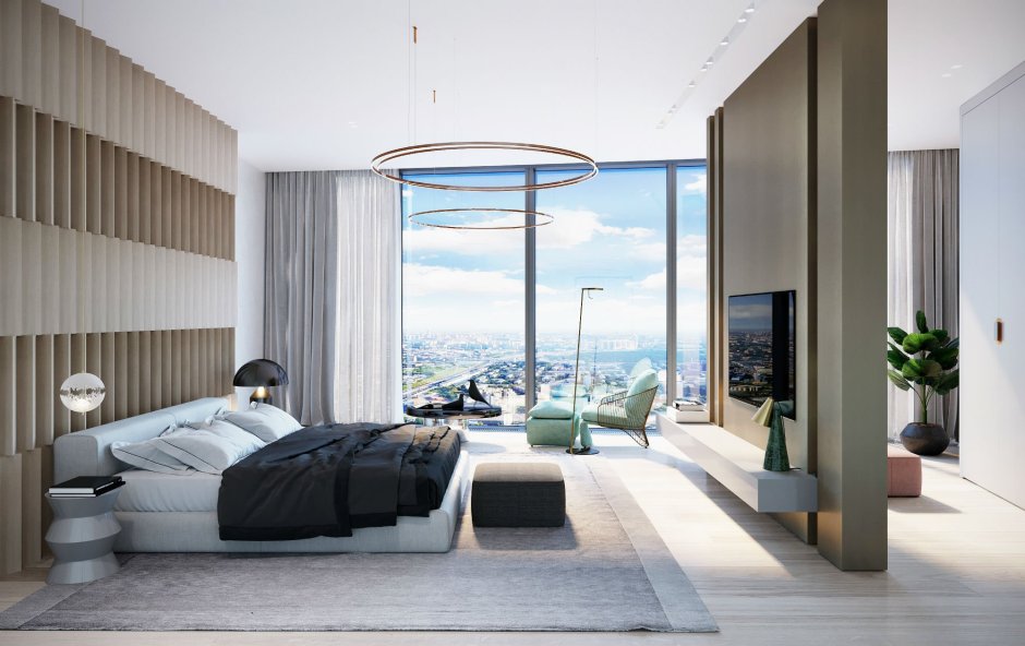 Красивая спальня с панорамными окнами