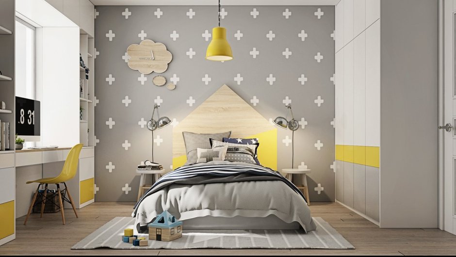 Желтая спальня в скандинавском стиле