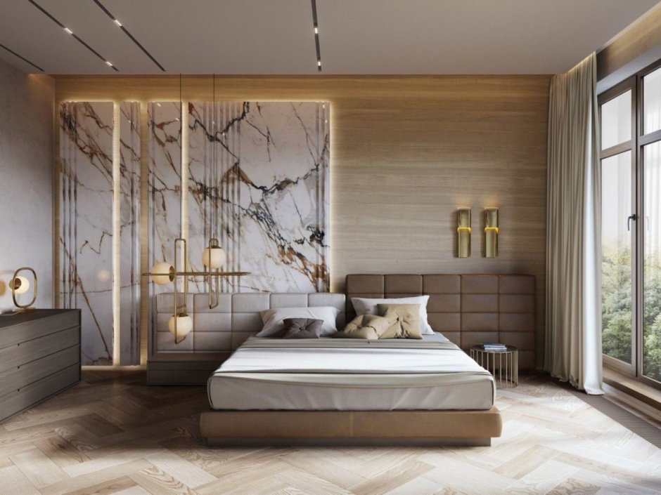 Дизайн спальни с деревом и пшеницей