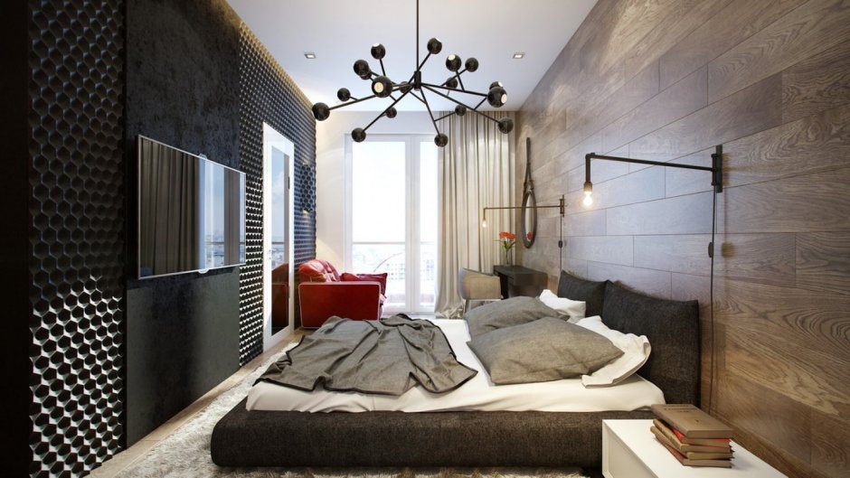 Спальня с деревянной стеной хайтек