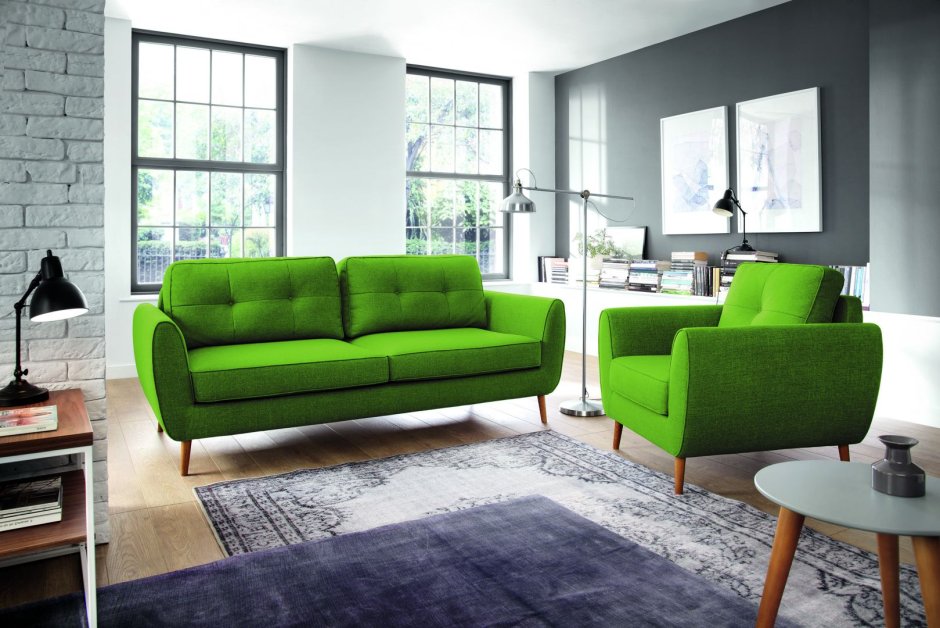 Угловой зеленый диван в скандинавском стиле