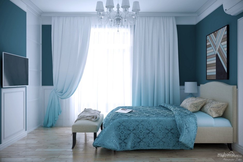 Синяя кровать в интерьере спальни