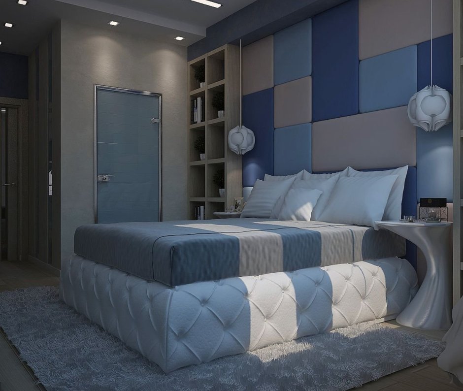 Светлая спальня с синей кроватью