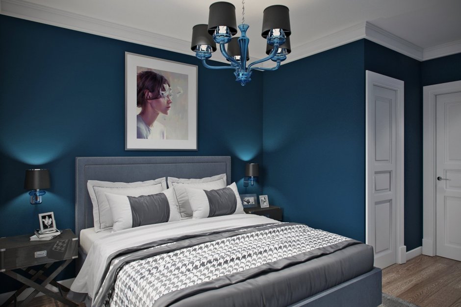 Коллаж текстильного оформления спальни синий голубой серый