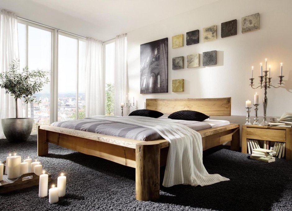 Деревянная кровать в современном стиле