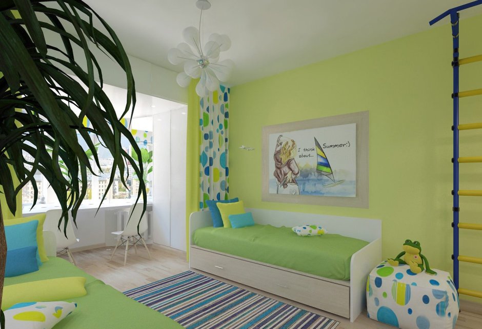 Детская комната с зелеными сткнкми