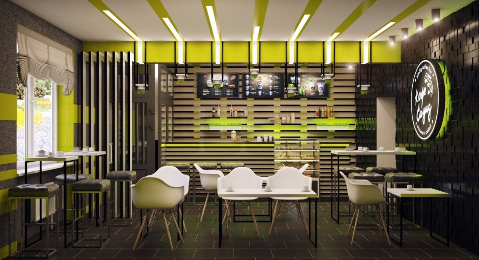 Интерьер кафе с высокими потолками