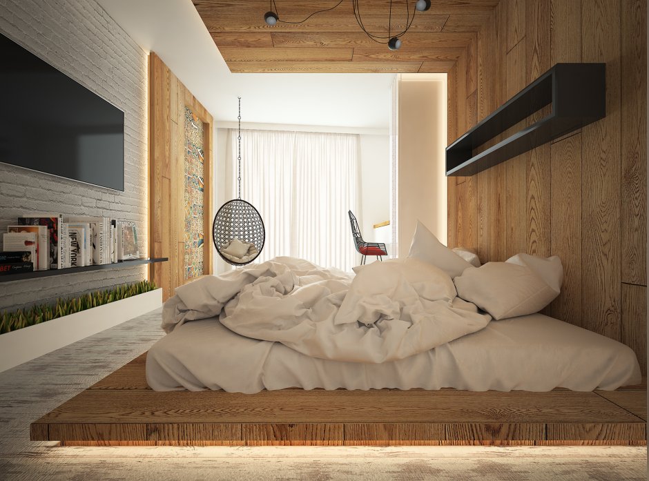 Спальня в скандинавском стиле с деревянной кроватью