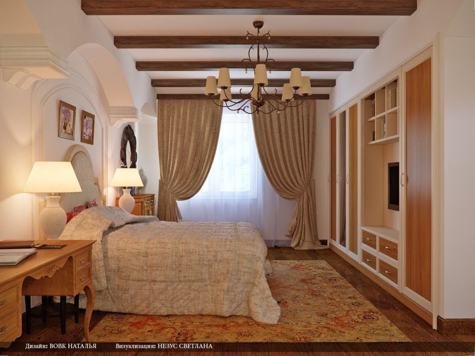 Спальня с деревянными балками на потолке