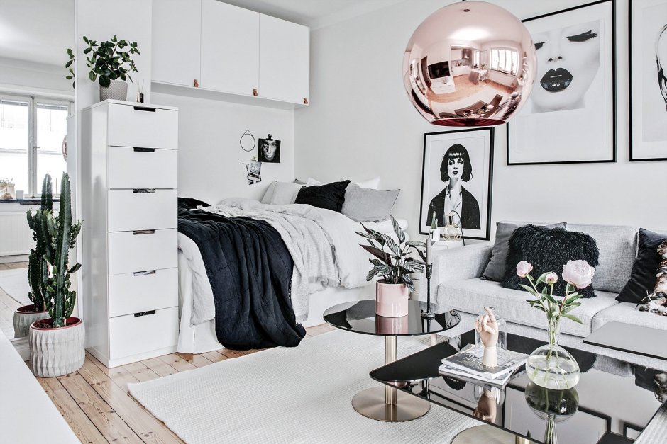 Квартира студия в скандинавском стиле с кроватью