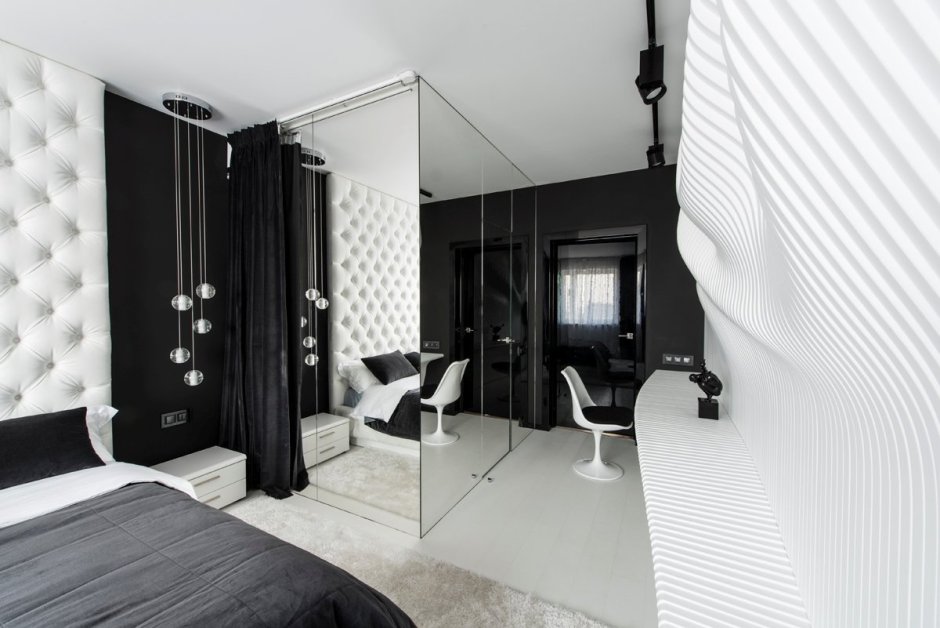 Спальня белые стены черная мебель