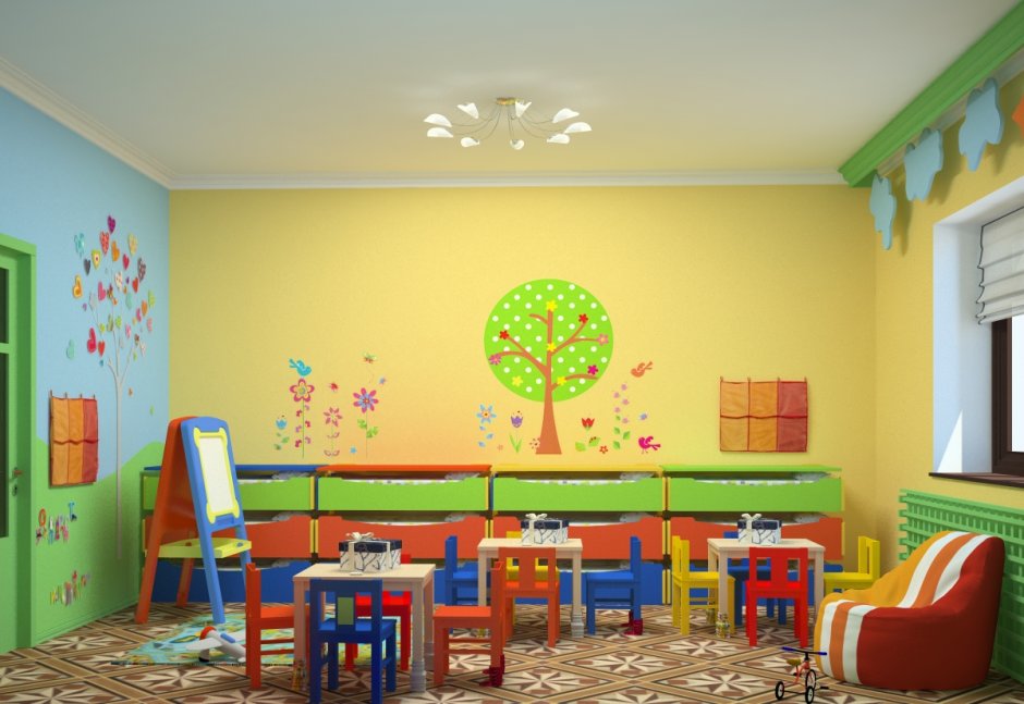 Покраска стен в детском саду в два цвета