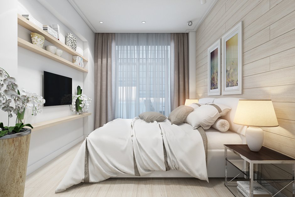 Дизайн узкой спальни с диваном (64 фото)