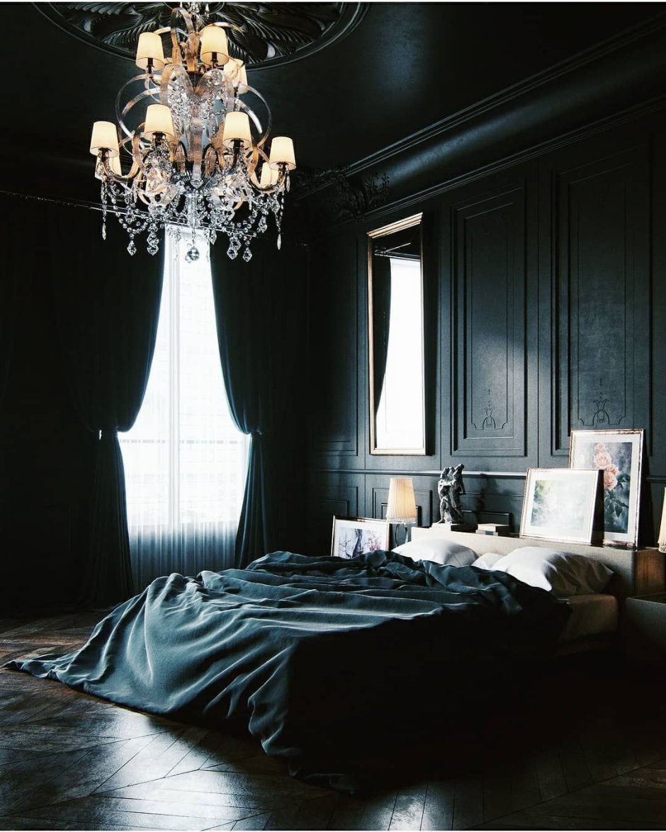 Светлая спальня с синей кроватью