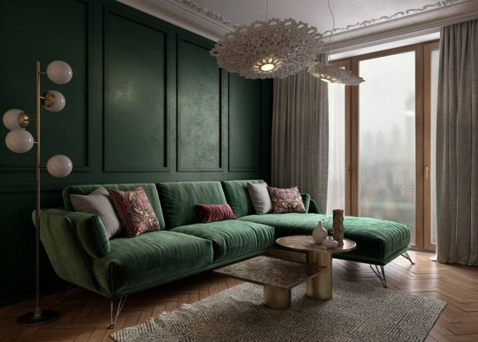 Гостиная с зеленым диваном
