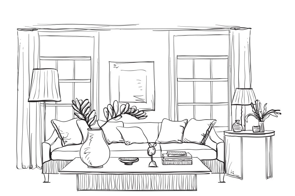 Эскиз интерьера с комнатными растениями