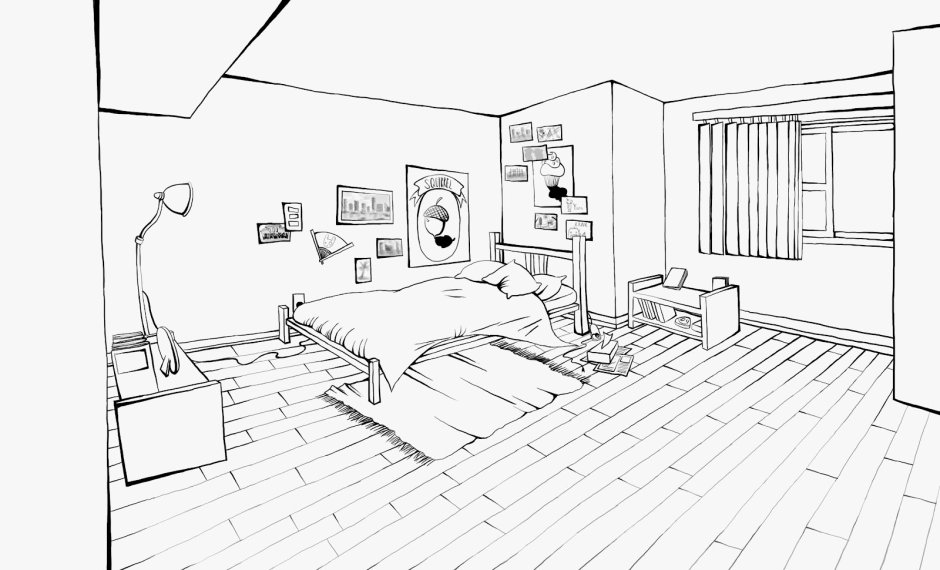 Комната для рисования черно белая