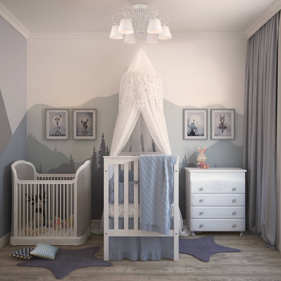 Детская комната для новорожденного серая