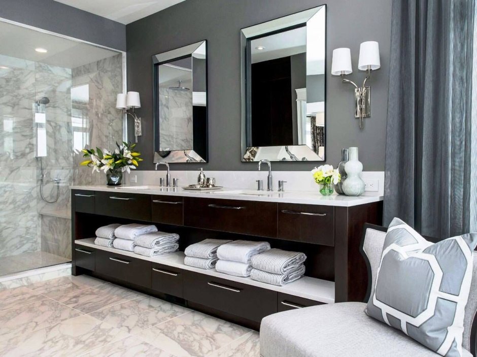 Мебель для ванной комнаты серый цемент на 2 раковины