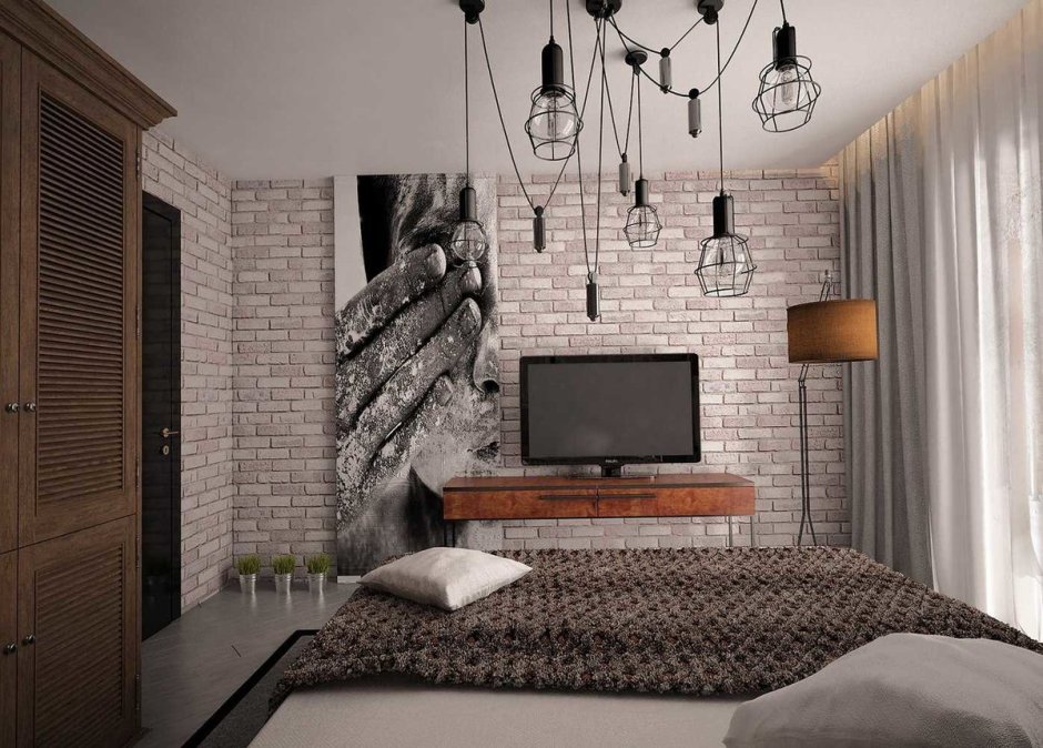 Спальня в скандинавском стиле с кирпичной стеной