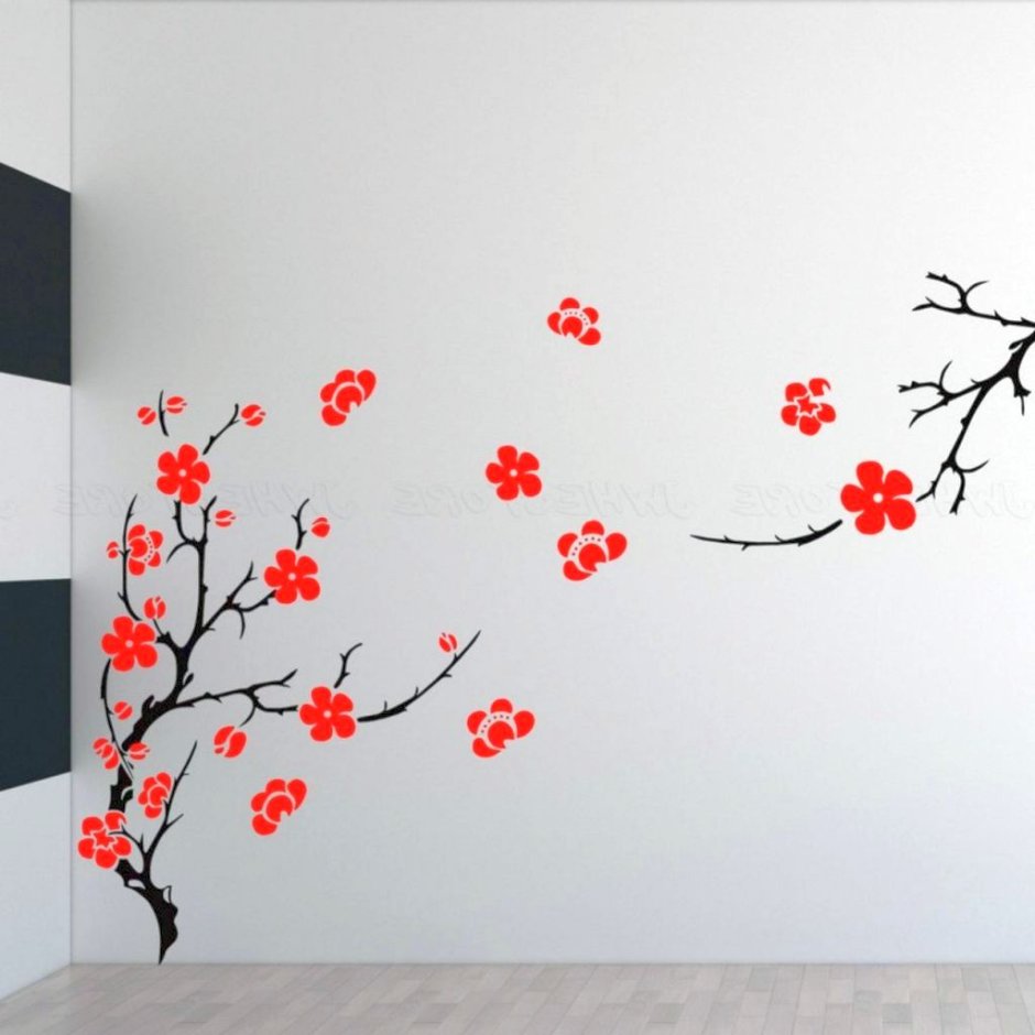 Сакура красками на стене