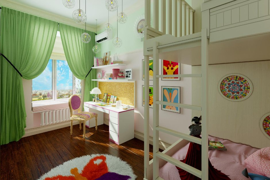 Прямоугольная детская комната для девочки