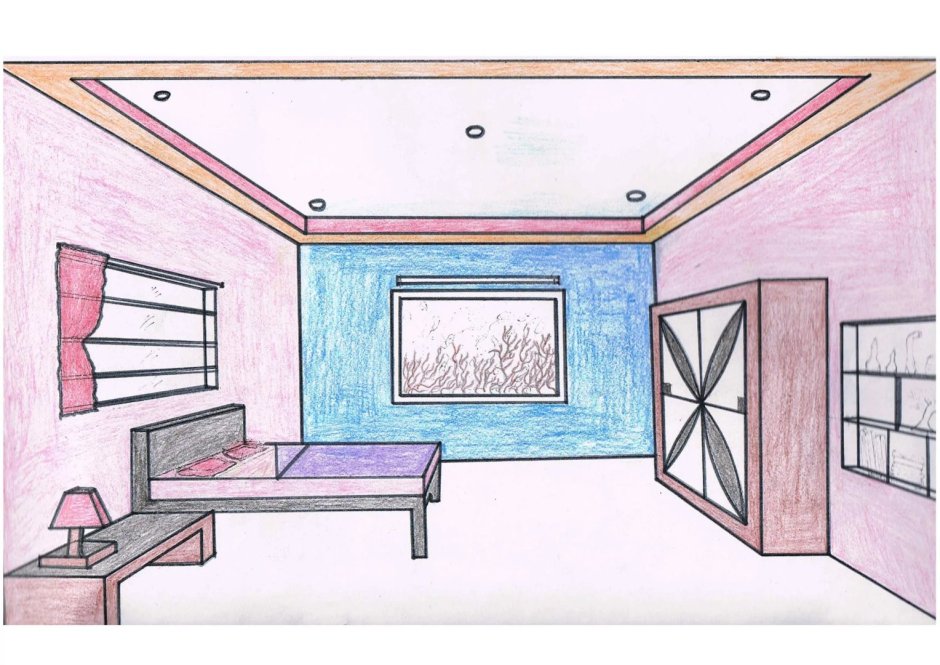 Интерьер комнаты цветными карандашами