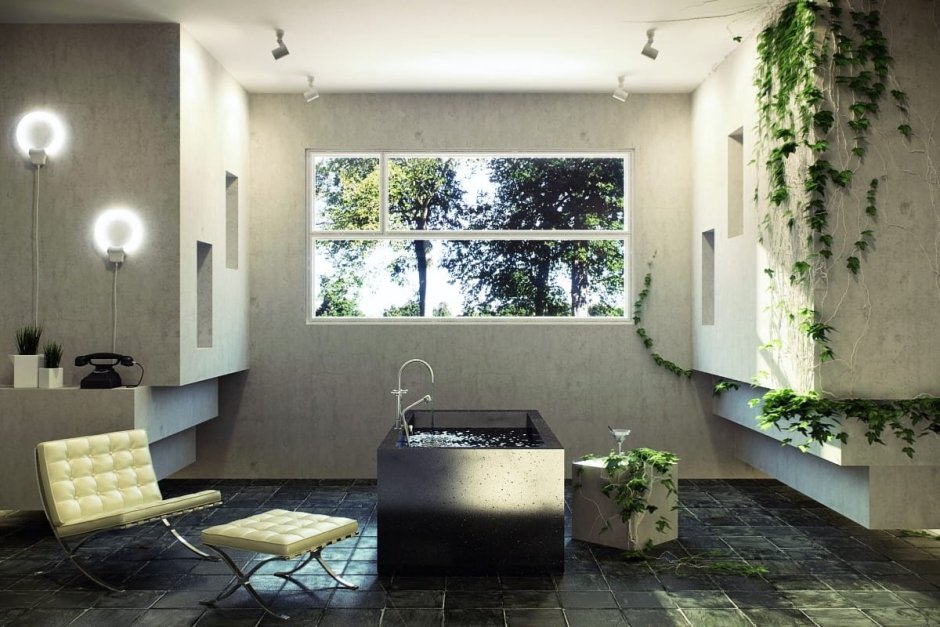 Белая ванная с растениями