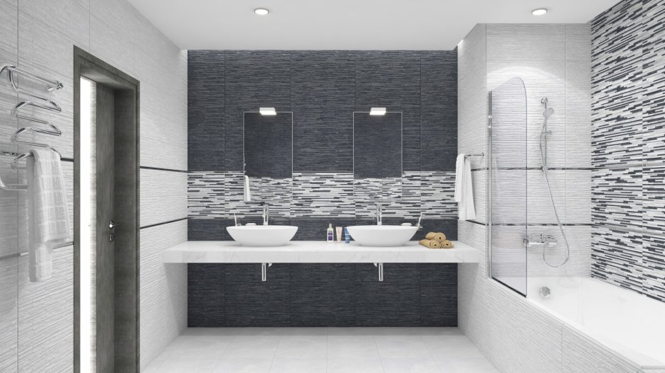 Интерьер большой ванной комнаты в серых тонах