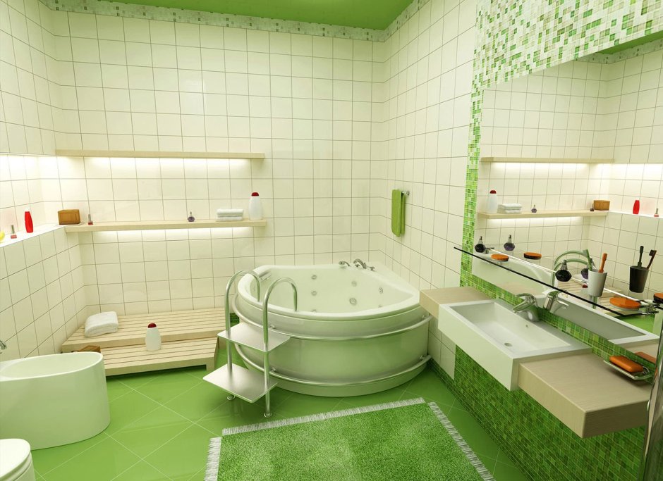 Ванная комната с белым полом зеленые стены