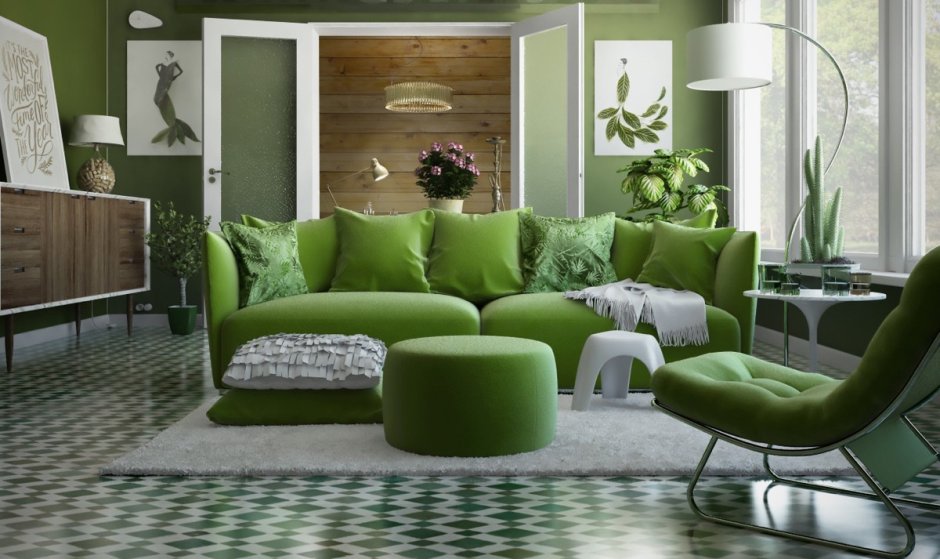 Зеленый диван в интерьере пастельных тонов