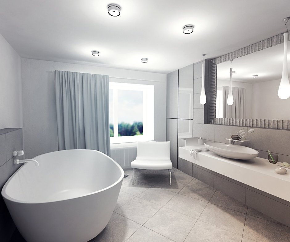 Интерьер большой ванной комнаты в серых тонах