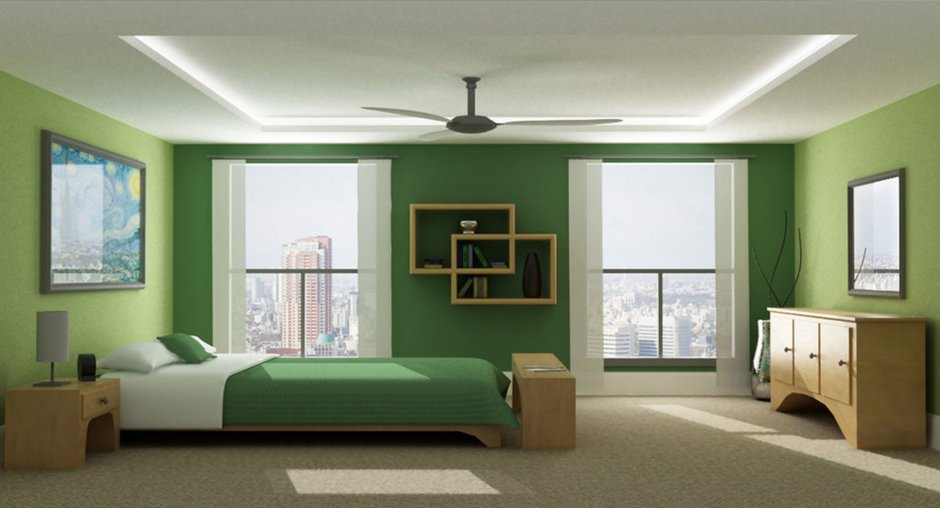 Комната с зелеными обоями