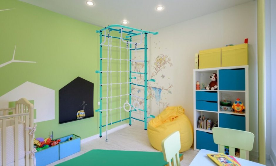 Интерьер детской на втором этаже с желто синей стенкой