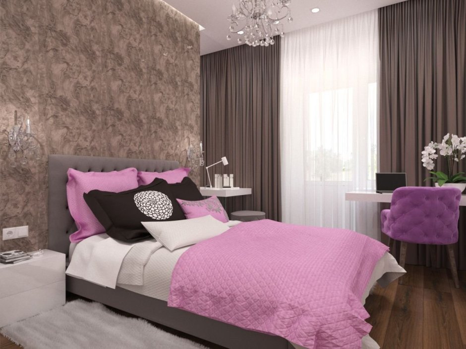 Розово коричневая спальня